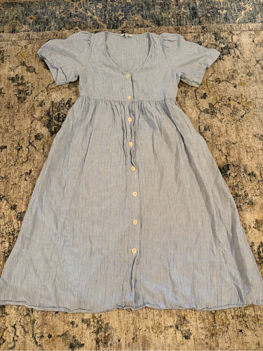 Madewell Cassie Button-Front Midi Dress in Linen Powder Blu Stripe SZ M - Picture 3 of 5